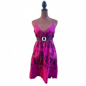 Vintage y2k early 2000s bright fuchsia pink belted sundress retro floral scene